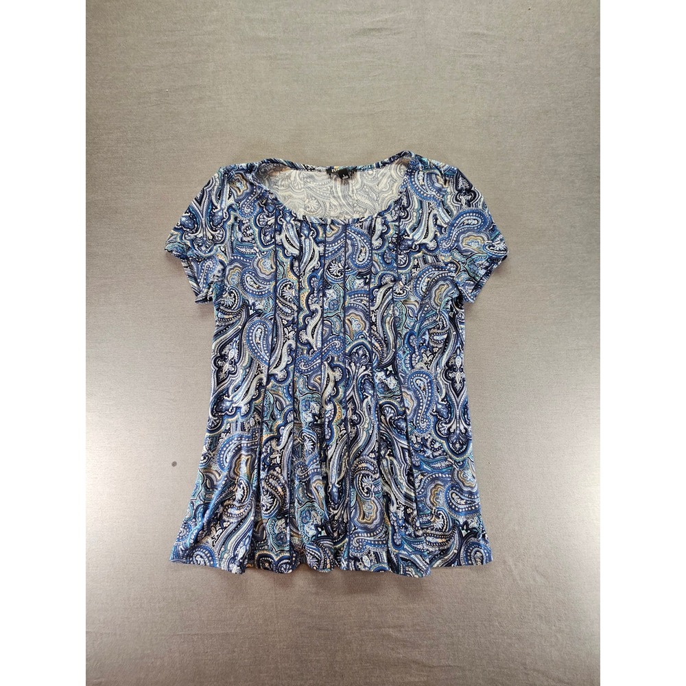 Roz & Ali Womens Large Blue Paisley Short Sleeve Pintuck Pleat Scoop Neck Blouse